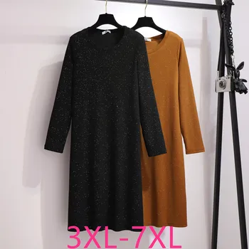 2021 jeseň zima plus veľkosť šaty, sveter pre ženy slim bežné dlhý rukáv rovné čierne flitre pletené šaty 4XL 5XL 6XL 7XL