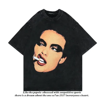 2022 Japonská High Street T Shirt pre Mužov, Hip-hop Fajčenie Tlač Tmavo Čierne Krátke rukávy T-shirts Pár Bežné Y2k Šaty, Topy