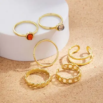 6 Ks/Set Prstene Sady Zlatá Farba Geometrické Láska Srdce Kruhu Twist Otvorenie Krúžky Kórejský Štýl Vintage Nastaviteľné Šperky