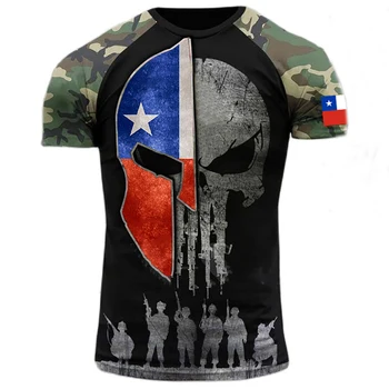 Armáda Veteránov Vytlačené pánske T-Shirt Bežné Kolo Krku Voľné Krátky Rukáv Kamufláž Commando Čilský Flag T-Shirt