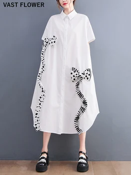 Biela Vintage Prekladané Luk Tričko Šaty Pre Ženy Letné Nový Krátky Rukáv Voľné Bežné Dlhé Šaty Módne, Elegantné Oblečenie 2022