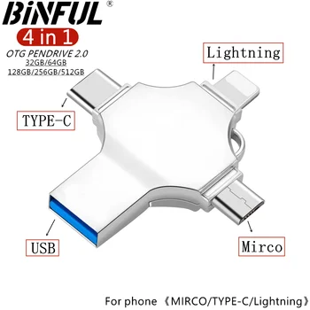 Binful 4in1 USB 3.0 Flash 256 GB 128 GB 64 GB 32 GB Kovové kl ' úč pre iphone, iPad iso Android OTG typ c Pamäťový kľúč USB