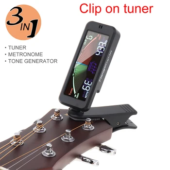 Black 3 V 1 Guitar Tuner, Veľký LCD Displej Metronóm Generátor s Klip pre Chromatické Bass Gitara Husle Drumbľa