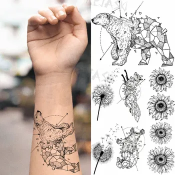 Black Geometrické Polar Bear Dočasné Tetovanie Pre Ženy, Mužov, Púpava Slnečnice Realistické Falošné Tetovanie 3D Fashion Umývateľný Tatoos