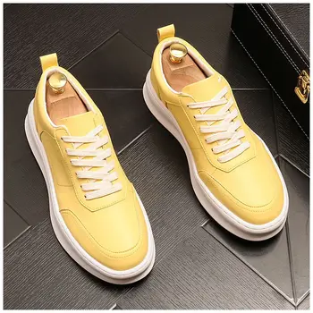 Britský štýl muži móda žlté, biele topánky priedušná krajky-up prírodná koža bytov obuvi streetwear platformu obuv zapatos