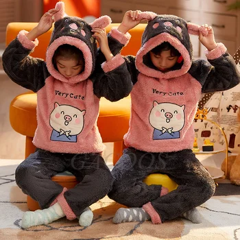 Cartoon Zvierat Dievčatá Pajama Sady 2021 Hooded Flannel Sleepwear 2ks Dospievajúcich Chlapcov Odev detské oblečenie pre voľný čas pre 4 6 8 10 12 14Y