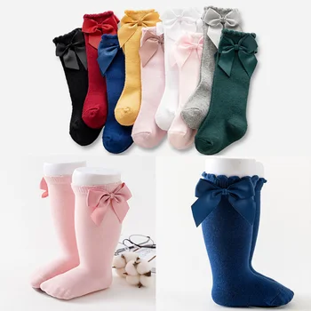Dievčatá Pevné Ponožky S Luky 100% Bavlna, Baby, Deti Ponožka Mäkké Batoľatá Dlhé Ponožky Deti Princezná Kolená Vysoké Socken Pre 0-7 Rok
