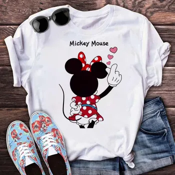 Disney Kawaii Minnie Mickey Mouse Tlač T-shirt Ženy Tričko Trend Oblečenie Harajuku Streetwear Krátke Rukávy Tričko Punk Topy