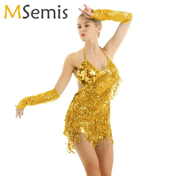 Dámske Sexy Šumivé Sequined latinskej Tanečných Kostýmov, Ženy Fringe Salsa Šaty Strapce s uväzovaním za latinské Tanečné Šaty s Ručne Rukávy