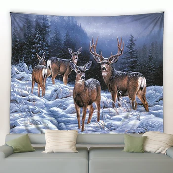 Elk v Zimnom Lese Gobelín voľne Žijúcich Zvierat Jeleň Vianočné Tapisérie Stene Visí Home Art Decor Deka pre Spálne Obývacia Izba