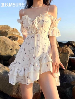 IAMSURE Holiday Beach Štýl Volánikmi Kvetinové Šaty Prairie Elegantné Obväz Lístkového Rukáv Mini Šaty Pre Ženy 2022 Letné Móda