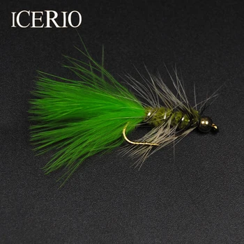 ICERIO 8PCS Zelená Chvost Mosadz Perličiek Hlavu Flash Bugger Streamer Muchy Fly Rybárske Pstruh Lákať #10