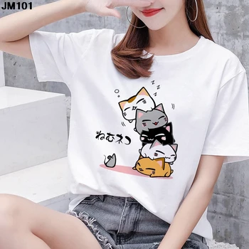 Kawaii je Obsadené Mačka Tlače T-shirt Dámy Letné Harajuku Módne Anime Vzor dámske Tričko Bežné Krátke Rukáv Top Žena Tričko