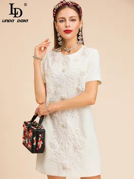 LD LINDA DELLA Módny Návrhár Letné Krátke Šaty dámske Luxusné Lištovanie Výšivky Krátky rukáv Elegantné Voľné Mini Šaty