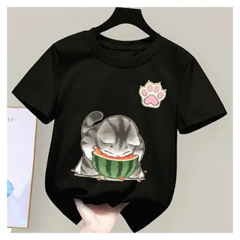 Legrační Zviera Oblečenie pre Dievčatá, Roztomilé Mačky Black Zvláštnejšie Veci T-Shirt, Letné Anime Krátke Rukávy pre Deti 4-14 Rokov