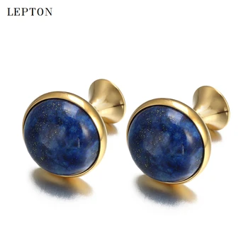 Low-key Luxusné Lapis Lazuli manžetové gombíky pre Pánske Zlatá Farba Lepton Vysokej Kvality Kolo Lazurite Kameň manžetové Relojes gemelos
