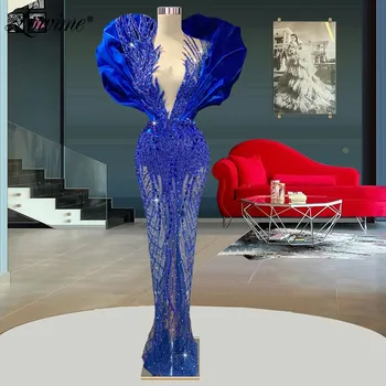 Lowime Kráľovská Modrá Morská Víla Nádherné Večerné Šaty 2022 Plus Veľkosť Couture Dubaj Dlho Celebrity Šaty Župan De Soiree Prom Šaty