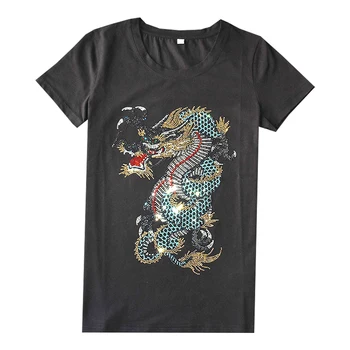 Nový Krátky Rukáv Vlastné Efektné Dizajn Ženy t-shirts Dragon Tlač Drahokamu Ženské Tričká Bavlnené Bežné Čaj