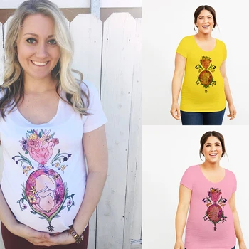 Nový príchod Materskej Tričko Kvetované Košele Ručne Ilustrované t-Shirt Najsvätejšieho Srdca tees Tehotenstva Oznámenie oblečenie