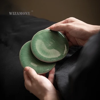Porcelán tieň carving cup držiteľ Čínsky starožitné Kung Fu čaj nastaviť ručne čaj držiteľ keramické lotus leaf držiak