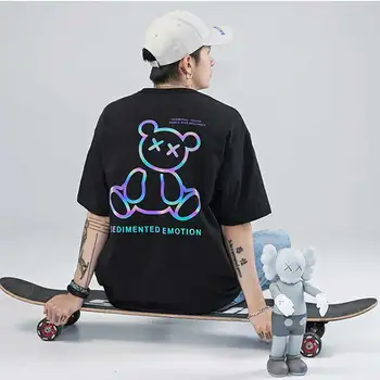 Reflexná Rainbow Medveď, T Košele Japonský Sedimented Emócie Topy Tees Ovesize Hip Hop Streetwear Voľné Homme Šaty Veľkoobchod