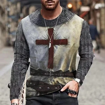 Ročník Tlače Muži T-Shirts Samuraj Vzor Rytieri Templar 3D Top Bavlna Tee Streetwear Jeseň Dlhý Rukáv Nadrozmerné T Shirt 5XL