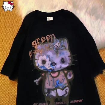 Sanrio Hello Kitty Topy Streetwear Voľné Blúzky, Harajuku Hip Hop Tmavé Vintage Mužov A Ženy, Páry Letné Krátke Sleeve T-Shirt