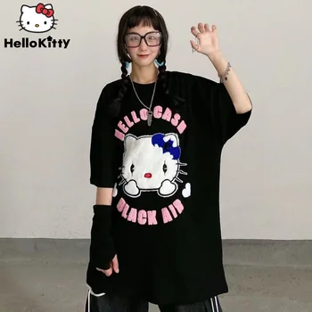 Sanrio Hello Kitty Vyšívané Odevy Lete Harajuku Tričko kórejský Estetické Krátky Rukáv T-shirts Ženy Topy Y2k Voľné Tees