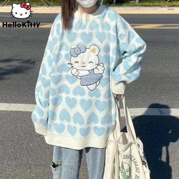 Sanrio Oblečenie Cartoon Hello Kitty Kolo Krku Topy Ženy Japonskom Štýle Sveter Srdca Tlače Y2k Estetické Pulóver Harajuku Sveter
