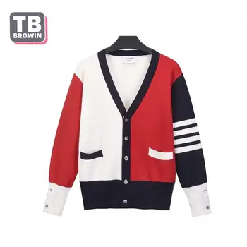 TB BROWIN thom mužov cardigan sveter V krku jeseň Kontrastné farby štyri-bar vlna pruhy kórejský bežné pletený kabát klesnutie