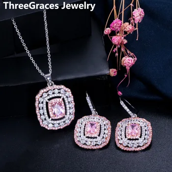 ThreeGraces Trendy Multi Ružový Štvorec Cubic Zirconia Crystal Striebornej Farby s Príveskom, Náušnice, Náhrdelník Šperky Set pre Ženy JS216