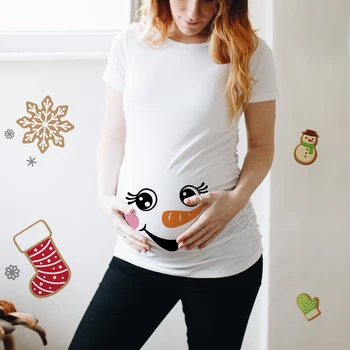 Vianočné Tehotné Ženy T-shirt Snehuliak Cartoon Vytlačené T Shirt Tehotenstva Oznámenie Oblečenie v Materstve Biele Krátky Rukáv Top