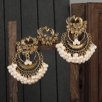 Vintage Classic Gold Farby Páva Pearl Náušnice/Prsteň Pre Ženy Bijoux Indické Šperky Ramienka Jhumka Náušnice Ramienka