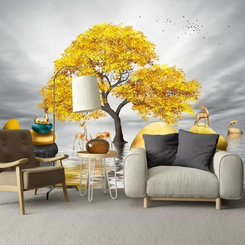 Vlastné 3D Nástenné Maľby, Tapety Zlatý Veľký Strom Elk Dekor Maľovanie Moderného Kreatívneho Štúdia Obývacia Izba Gauč Spálňa Foto nástenná maľba