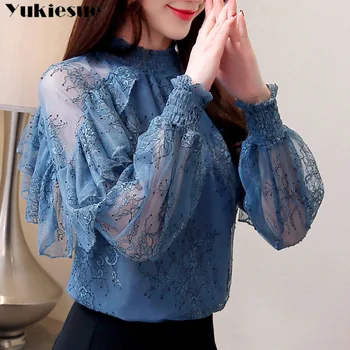 volániky Čipky Blúzka 2022 dlhý rukáv duté z Elegantné Bežné Tlačené Ženy Módne Topy Pohľadu Šifón obliekať tričko
