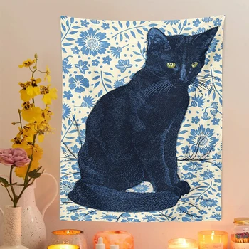 Čierna Mačka, Gobelín Stene Visí Tarot Čiar modrý kvet, list pozadí Baphomet Okultné Domov Stenu, Black Pohode Dekor Mačka