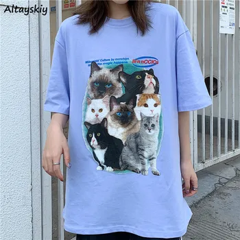 Ženy 5 Quarter Sleeve T-shirts Zvierat Mačka-tlačené Harajuku Streetwear Neforemné Žena Tshirts Študentov Teens All-zápas Ulzzang BF