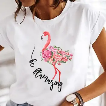 Ženy Elegantná Kvetina Flamingo Karikatúra Tlače Topy Grafické Tees Žena Tričko Módne Oblečenie Krátky Rukáv Lady T-Shirt