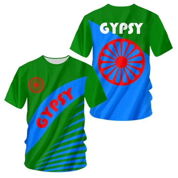 Nové Cigán Flag T Shirt 3D Tlač Tričko Nadrozmerné Rómske Jersey Lete Bežné Krátke Rukávy Cigán Štýl Oblečenie, Topy Tee 6XL